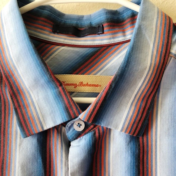 Tommy Bahama Cotton Blue Red Stripe Button Front Long Sleeve H9 - Picture 3 of 5